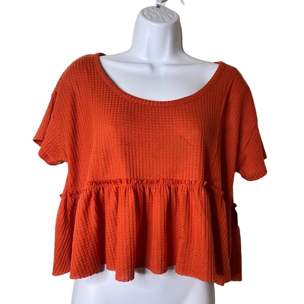 ARIZONA SIZE S ORANGE SHADE BABYDOLL SHIRT SHORT SLEEVE CROPPED WAFFLE WEAVE